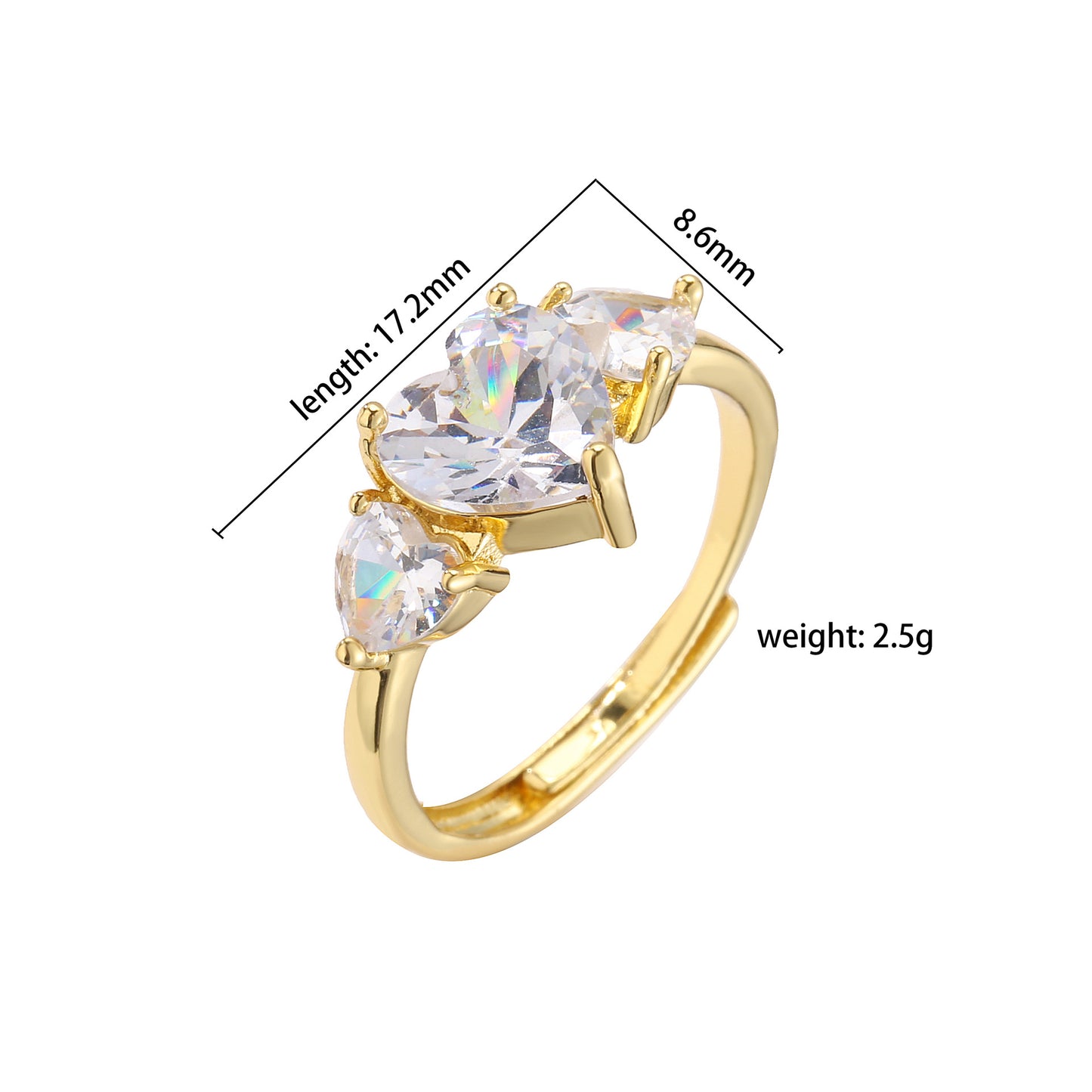 sweet heart shape copper plating inlay zircon open ring 1 piece