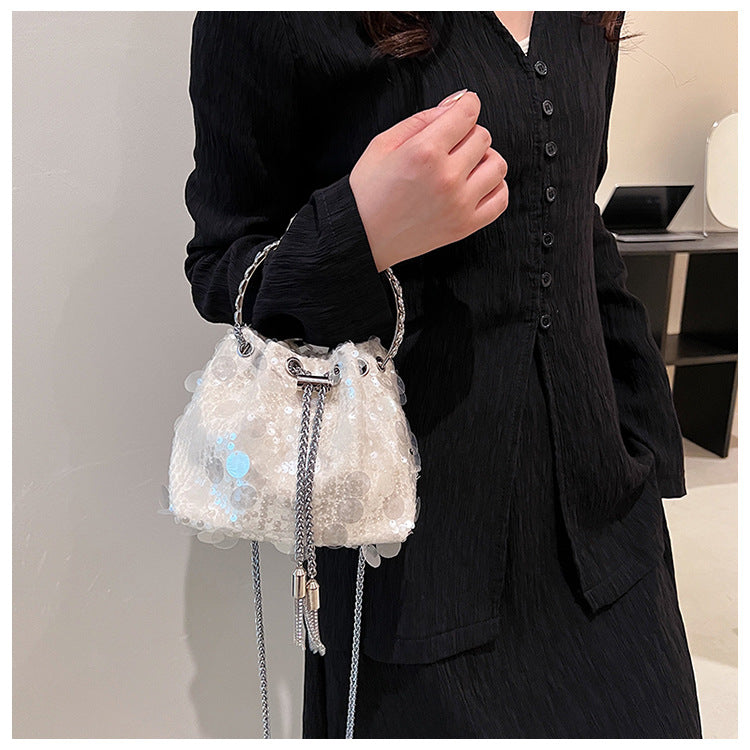 black yellow silver sequin solid color bucket evening bags