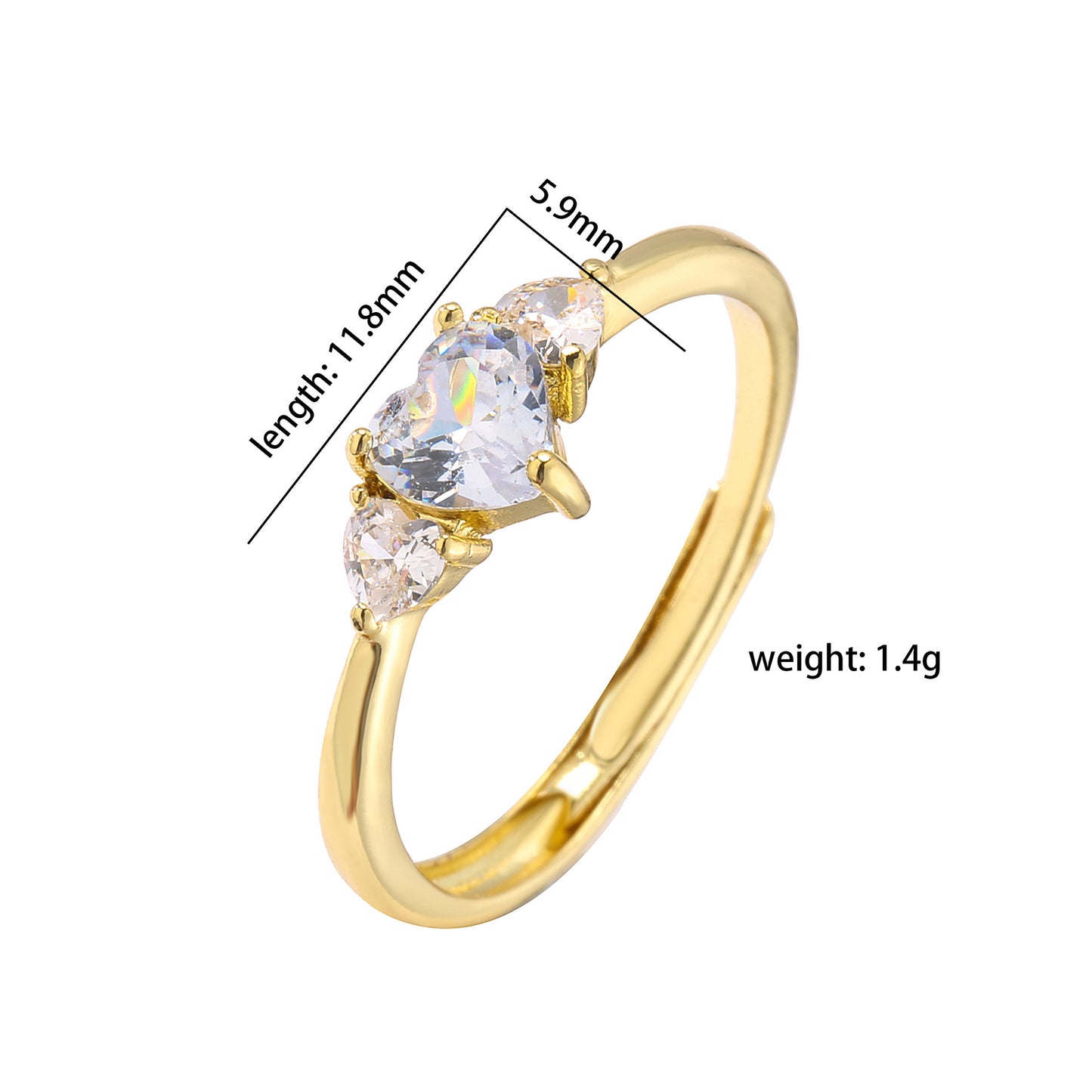 sweet heart shape copper plating inlay zircon open ring 1 piece