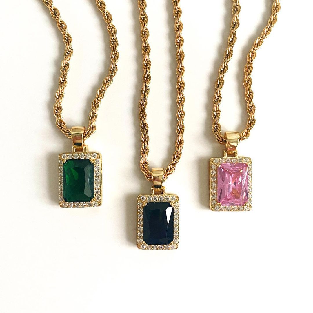 retro square titanium steel inlay zircon pendant necklace