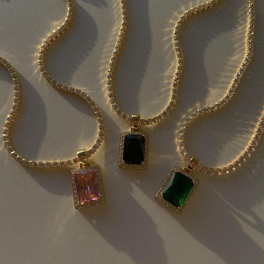 retro square titanium steel inlay zircon pendant necklace