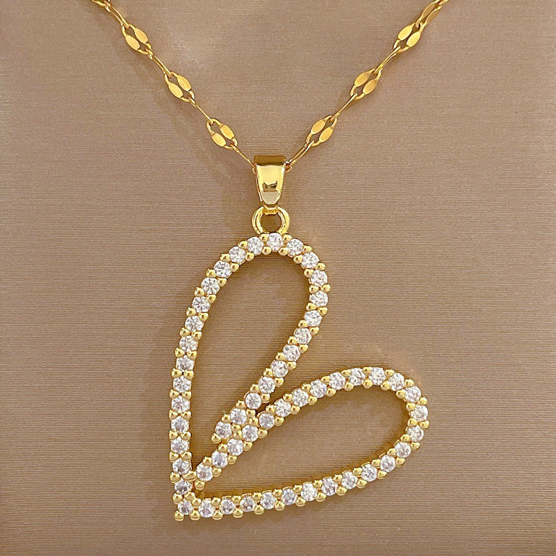 Fashion Heart Shape Stainless Steel Copper Inlay Rhinestones Pendant Necklace