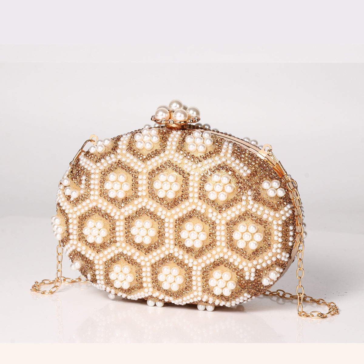 Gold Pu Leather Flower Oval Evening Bags