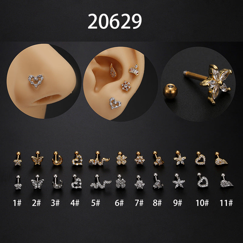 1 piece fashion heart shape inlay stainless steel zircon ear studs