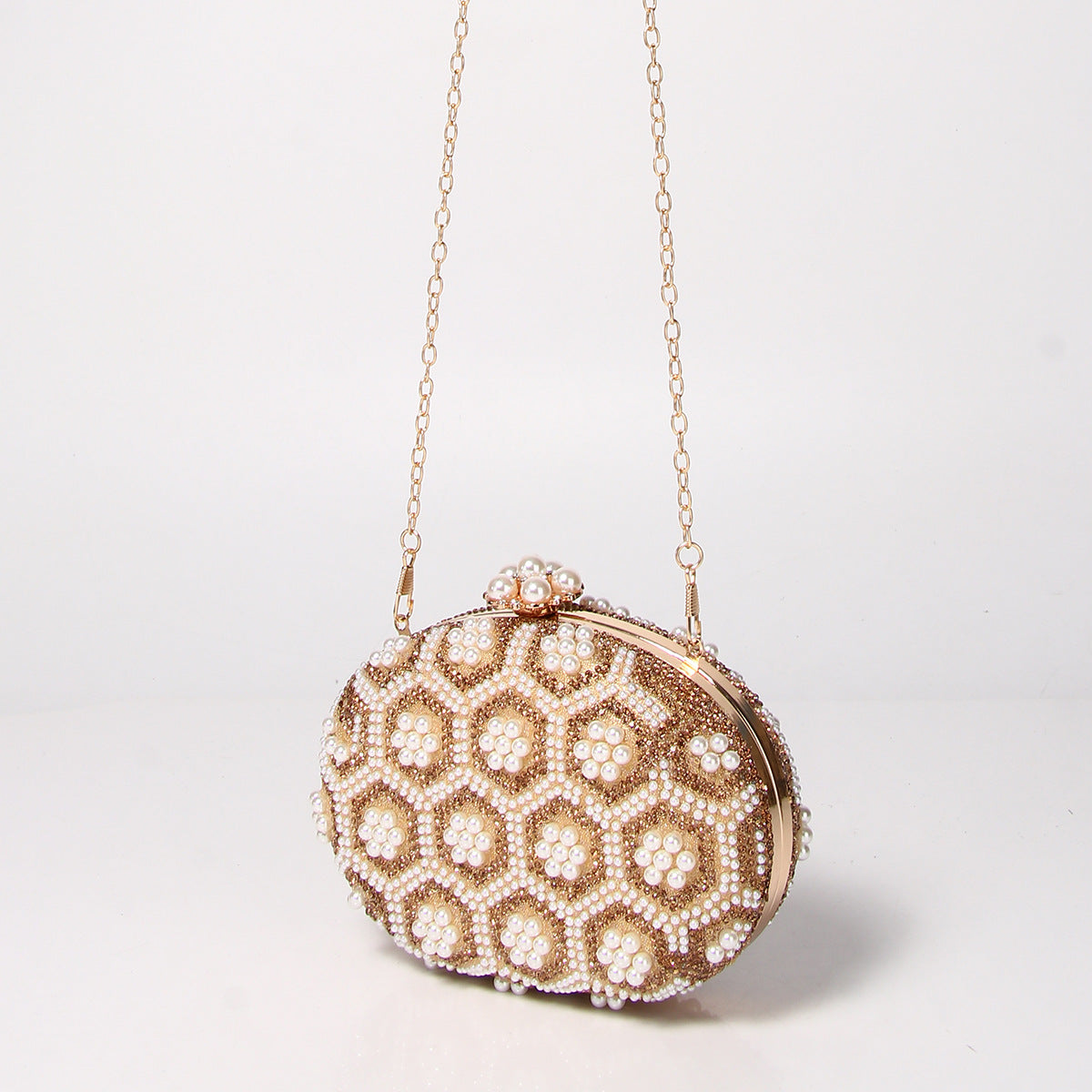 Gold Pu Leather Flower Oval Evening Bags