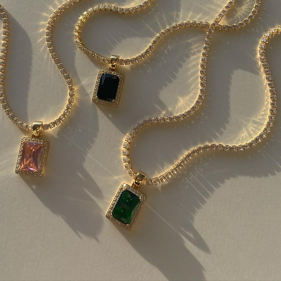 retro square titanium steel inlay zircon pendant necklace