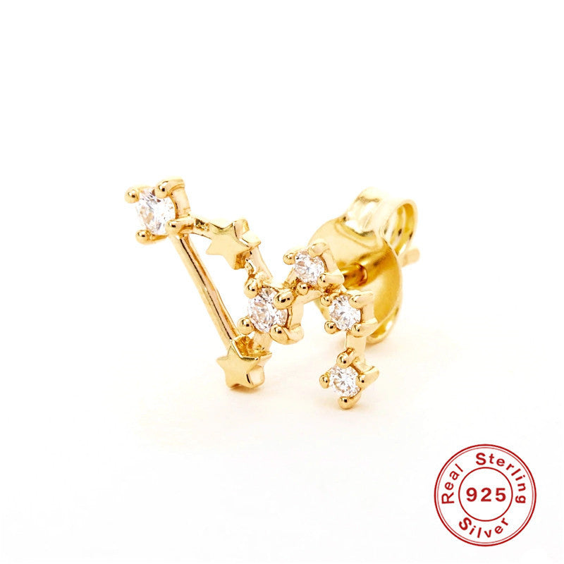 Sterling Silver Irregular Zodiac Diamond Pentagram Stud Earrings