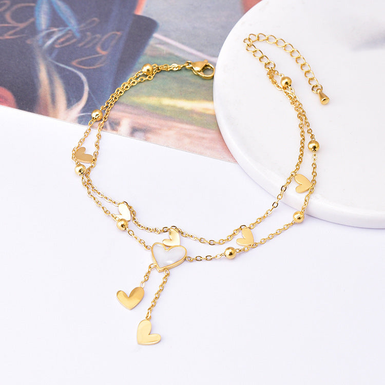 White Shell Love Tassel Anklet Titanium Steel Ankle Ring Gold
