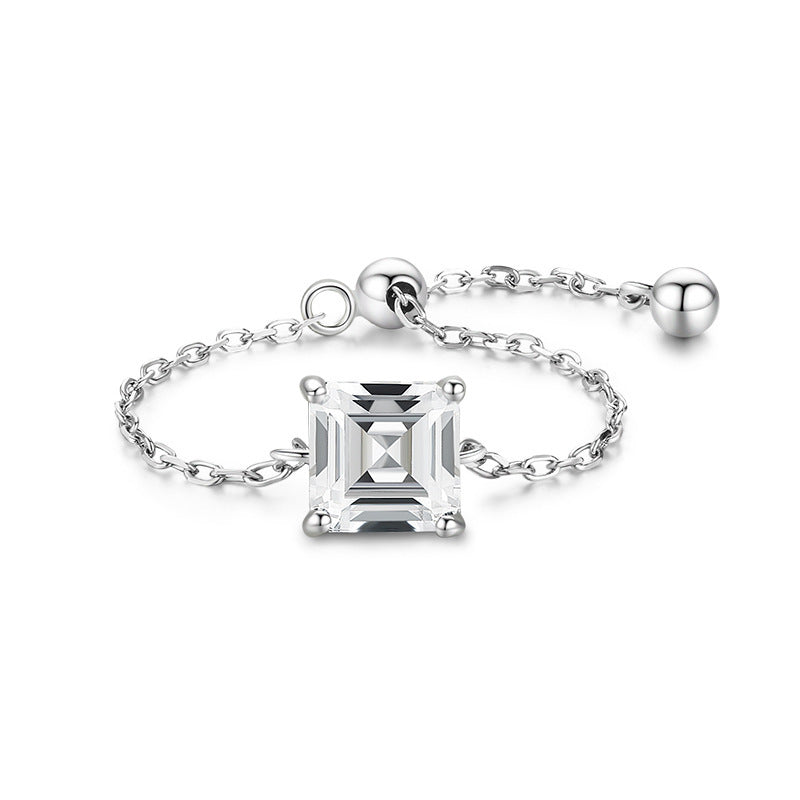 S925 Silver Light Luxury Inlaid Simulation Diamond Zircon Ring Female Opening European And American Ins Tide Silver Jewelry Adjustable Chain Ring