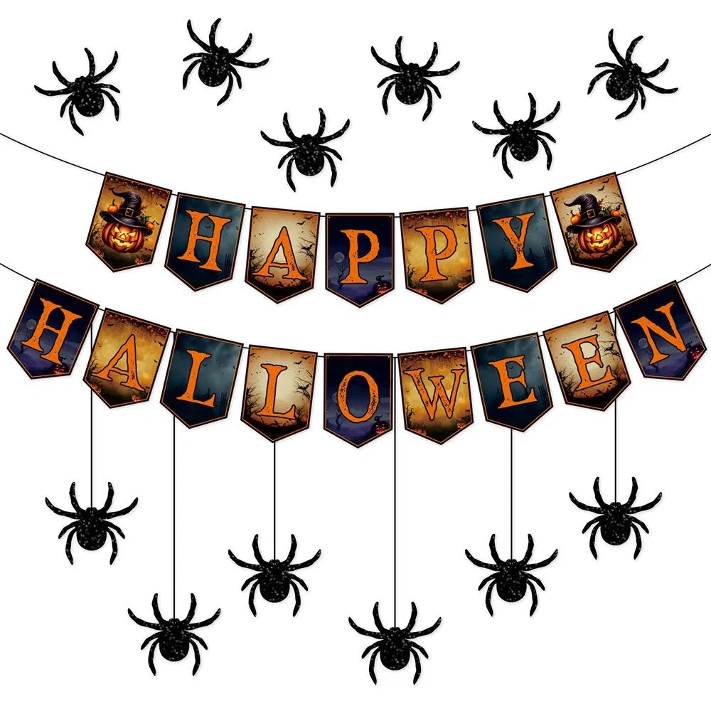 (3-5days Delivery) Happy Halloween Banner And Hanging Spider Garland Trick Or Treat Banner Sign Happy Halloween Paper Banner For Halloween Party Decorations