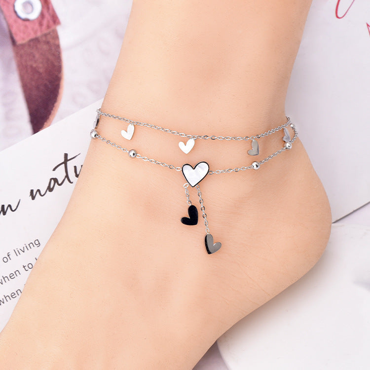 White Shell Love Tassel Anklet Titanium Steel Ankle Ring Gold