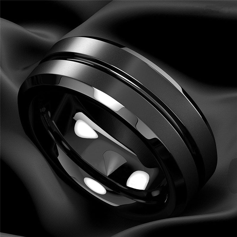 Men's Ring Jewelry Black Groove Matte Stainless Steel