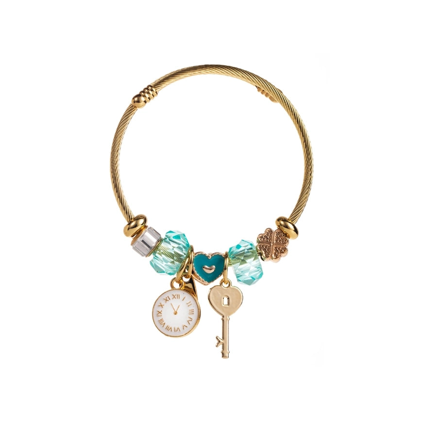 304 Stainless Steel Alloy Gold Plated Romantic Sweet Enamel Plating Inlay Heart Shape Key Rhinestones Beads Bangle