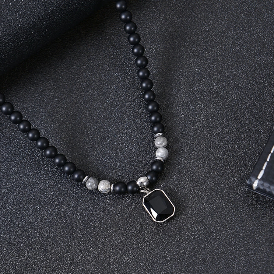 Retro Stainless Steel Black Gemstone Pendant Necklace Men's Frosted Stone Tigereye Beaded Hip Hop Necklace Women
