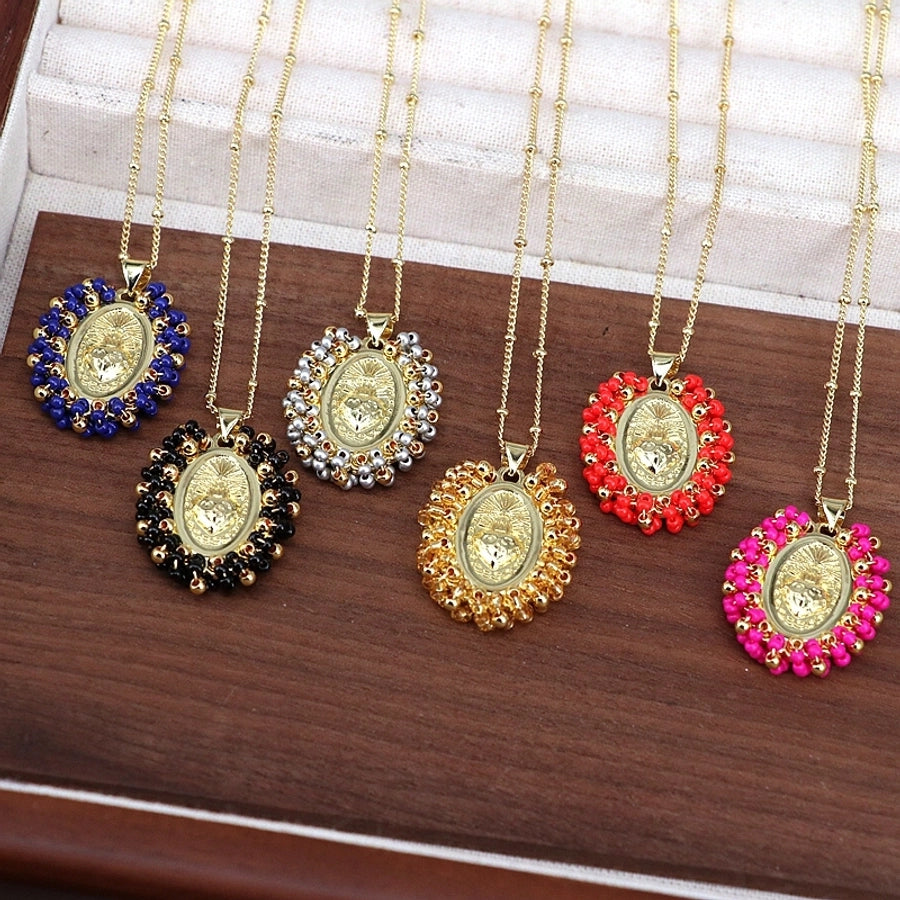 Copper Inlay Geometric Seed Bead Pendant Necklace
