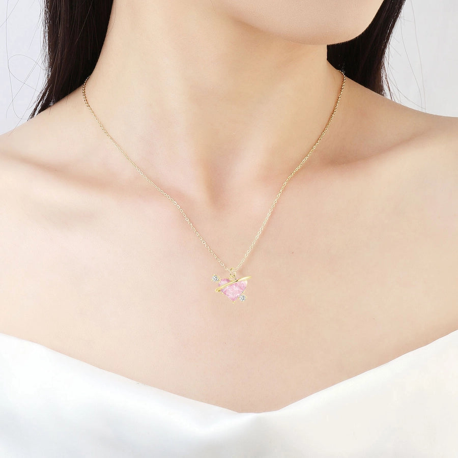 Copper Inlay Heart Shape Zircon Pendant Necklace