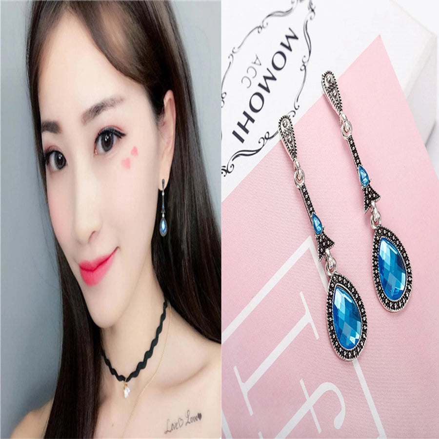 retro style alloy inlaid blue zircon long earrings  jewelry