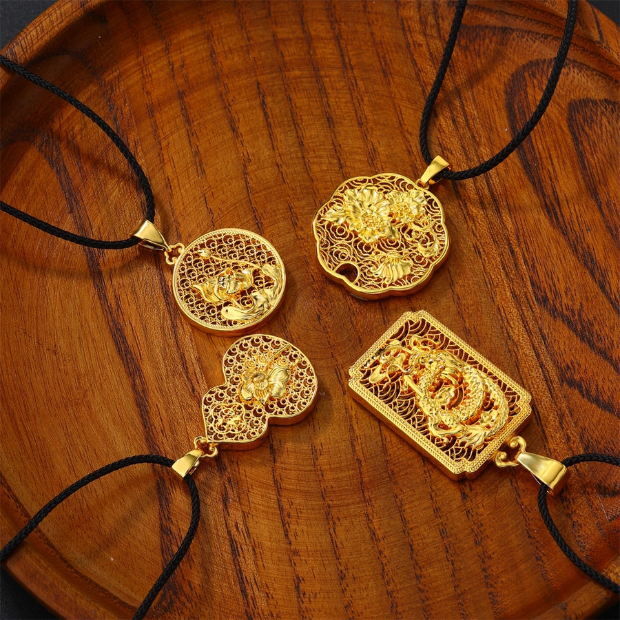 Casual Flower Gourd Dragon rope Copper Hollow Out 24K Gold Plated Men's Pendant Necklace
