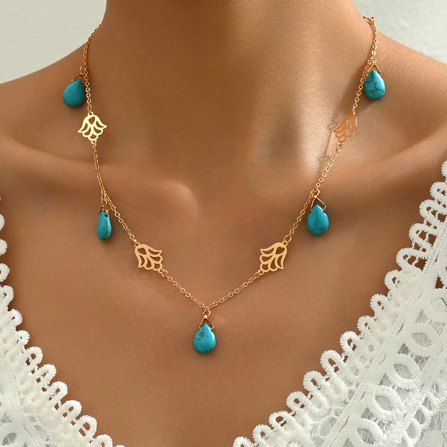 Copper 18K Gold Plated Inlay Flower Turquoise Pendant Necklace