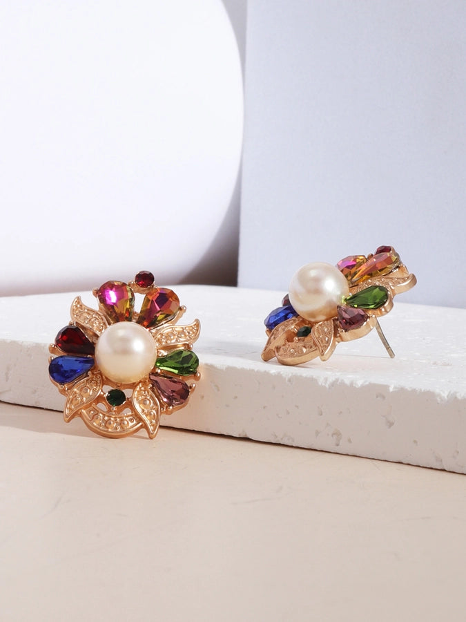 1 pair glam lady shiny flower plating inlay imitation pearl alloy gem rhinestones pearl 18k gold plated ear studs