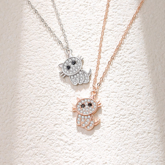 cute cat sterling silver polishing plating inlay zircon pendant necklace