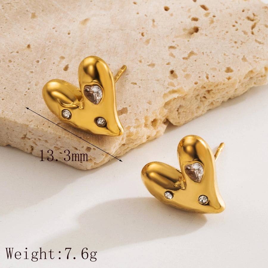 1 Pair Basic Sweet Heart Shape 304 Stainless Steel Zircon 18K Gold Plated Ear Studs