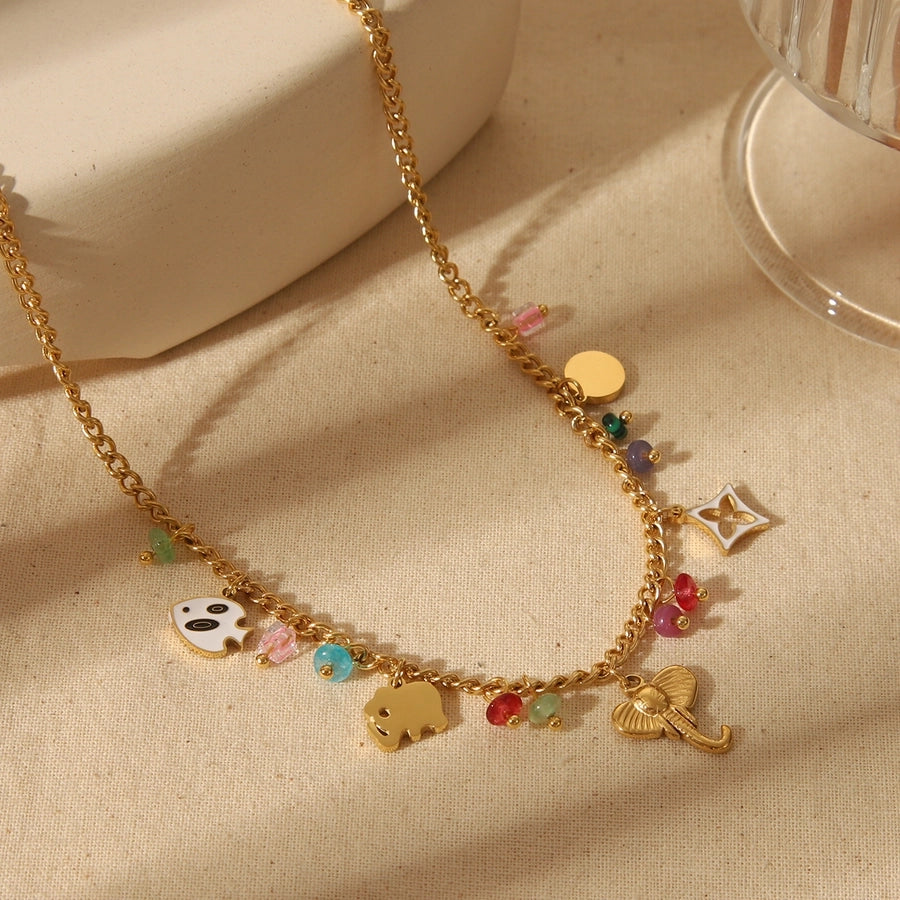 Jewelry Basic Bohemian Elephant Flower Boots 304 Stainless Steel Artificial Pearls Natural Stone 18K Gold Plated Epoxy Pendant Necklace
