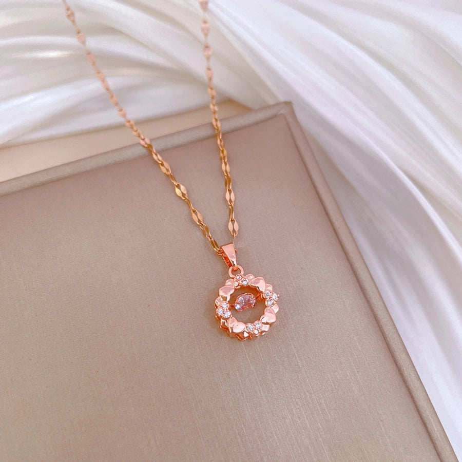 304 Stainless Steel Copper Inlay Heart Shape Rhinestones Pendant Necklace