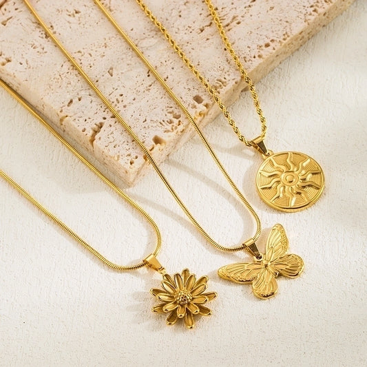 simple style classic style sun butterfly stainless steel plating 18k gold plated pendant necklace