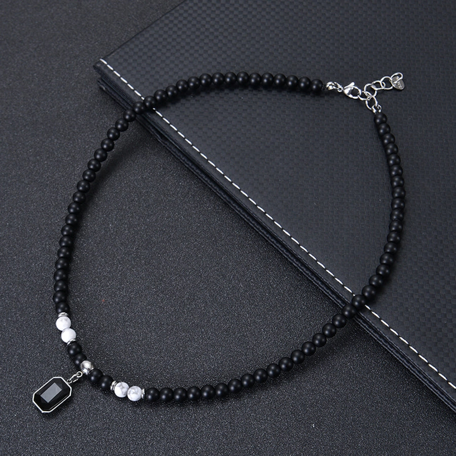 Retro Stainless Steel Black Gemstone Pendant Necklace Men's Frosted Stone Tigereye Beaded Hip Hop Necklace Women