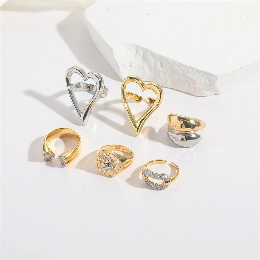 Copper 14K Gold Plated Hollow Out Inlay Heart Shape Zircon Open Rings