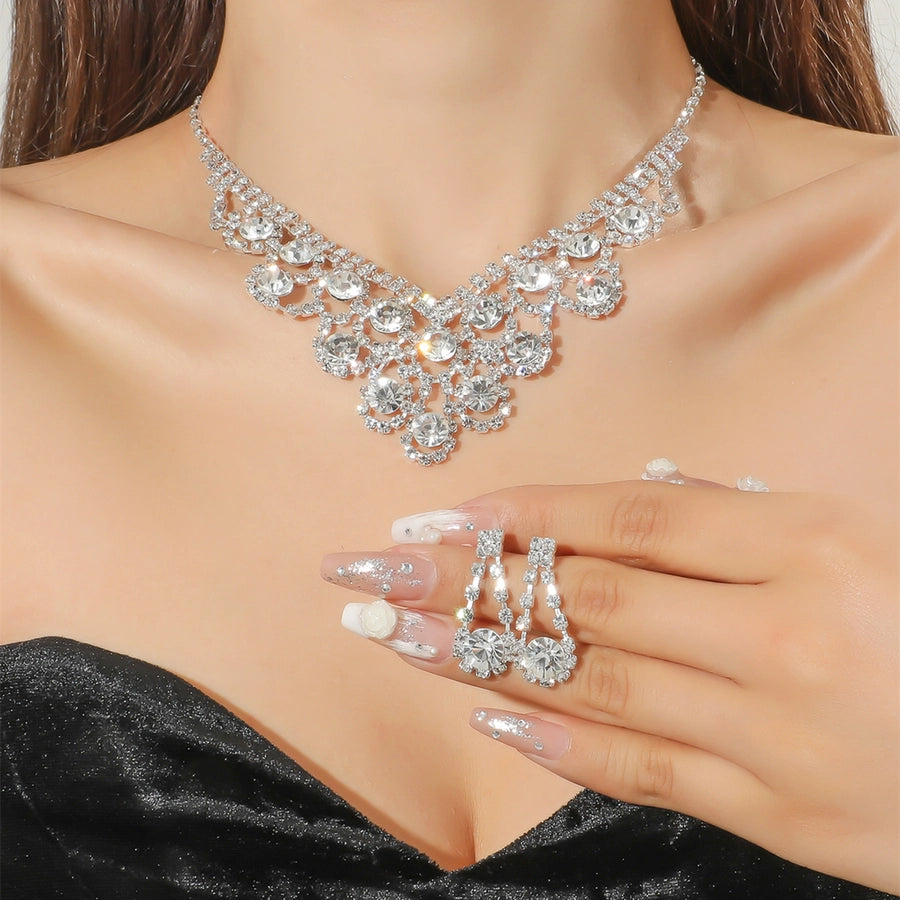 elegant classic style shiny geometric alloy inlay rhinestones women's earrings necklace