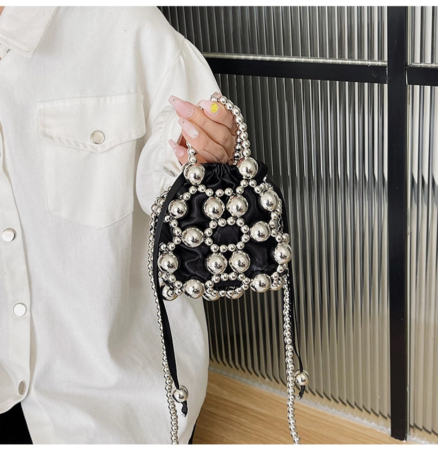 Women's Small Pu Leather Solid Color Elegant Beading Square String Evening Bag