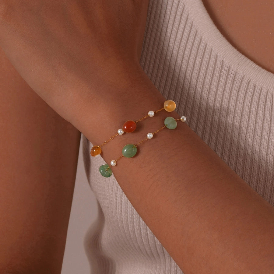 Stainless Steel Plated 18K Gold Chain Imitation Amber Stone Imitation Jade Imitation Pearl Chain Jewelry Suit Necklace