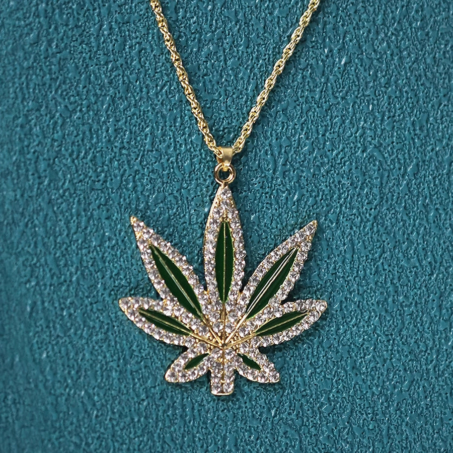 Alloy Copper Inlay Maple Leaf Zircon Pendant Necklace