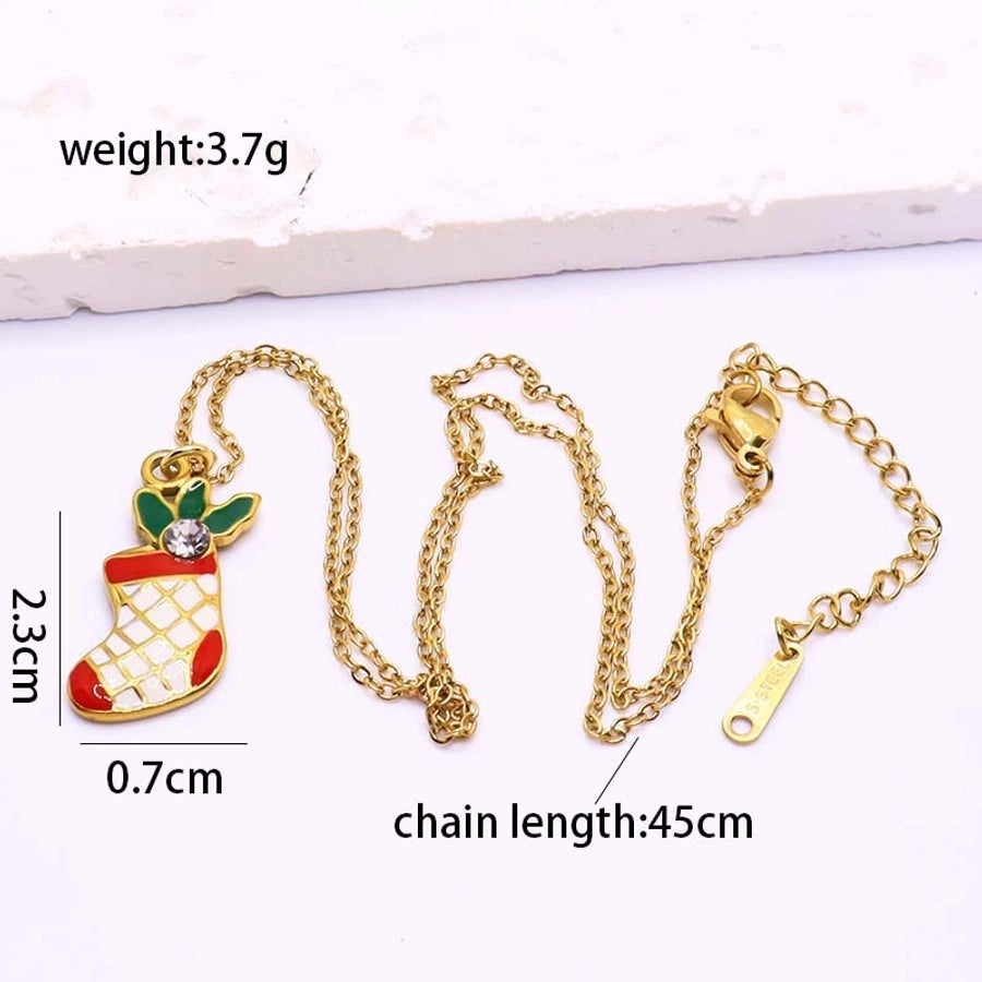 Cute Simple Style Christmas Socks Bell Snowflake 18K Gold Plated Silver Plated Zircon 304 Stainless Steel  Pendant Necklace