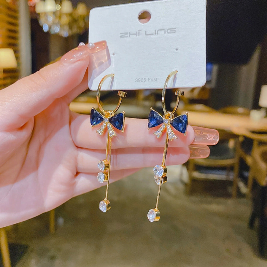 1 pair lady sweet moon flower bow knot inlay imitation pearl alloy rhinestones opal drop earrings