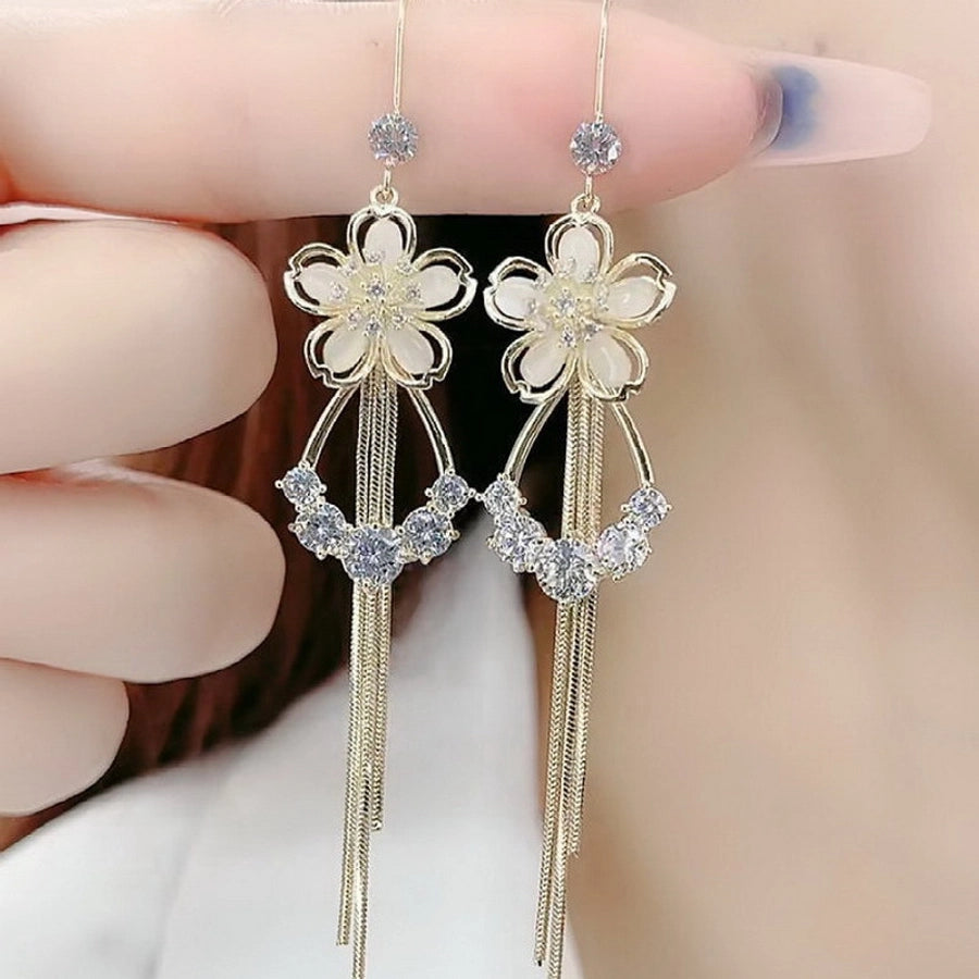 1 pair lady sweet moon flower bow knot inlay imitation pearl alloy rhinestones opal drop earrings