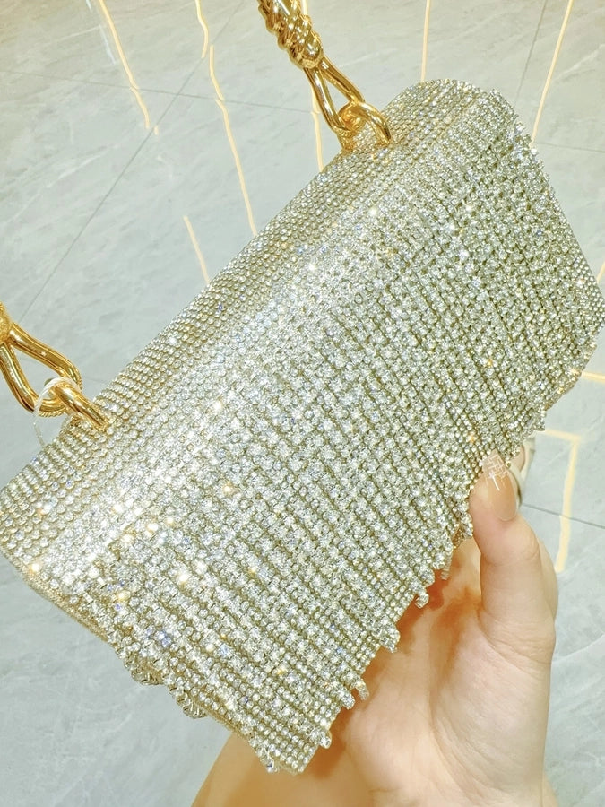 New   Retro Banquet Evening Dress Handbag Handbag Full Diamond Shiny Tassel Shoulder Crossbody Evening Bag