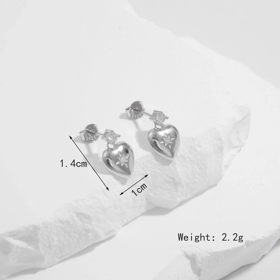 1 Pair Elegant Heart Shape Life Tree Butterfly Inlay Sterling Silver Zircon White Gold Plated Ear Studs