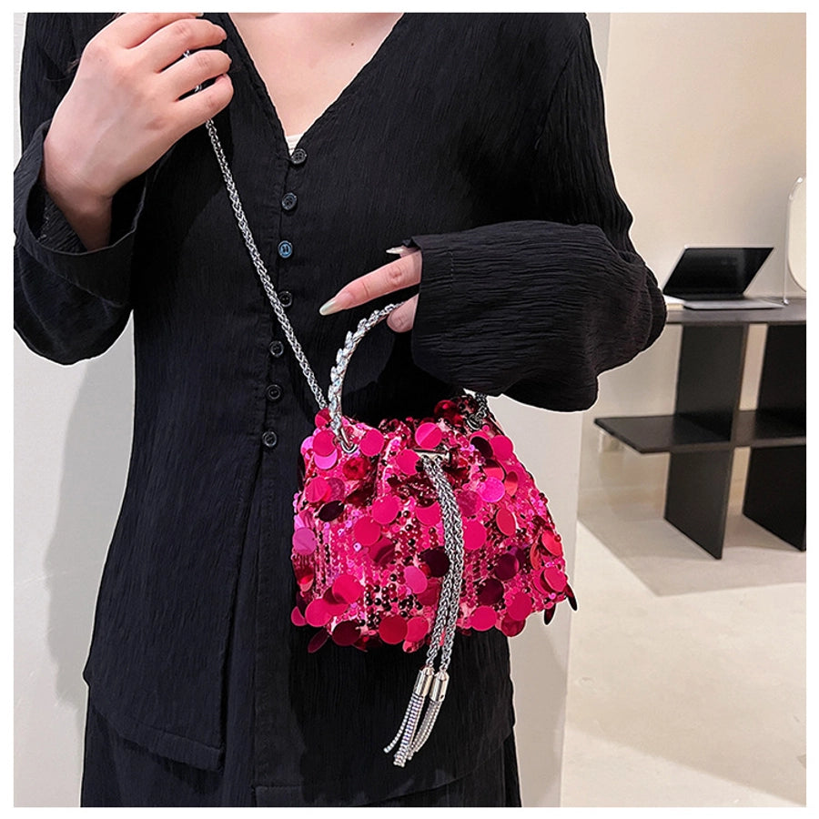 black yellow silver sequin solid color bucket evening bags