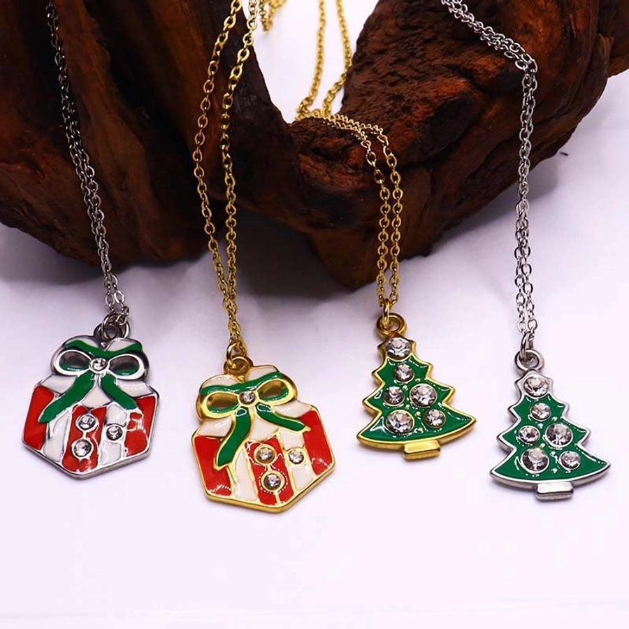 Elegant Christmas Tree Gift Box 18K Gold Plated Silver Plated Zircon 304 Stainless Steel  Pendant Necklace