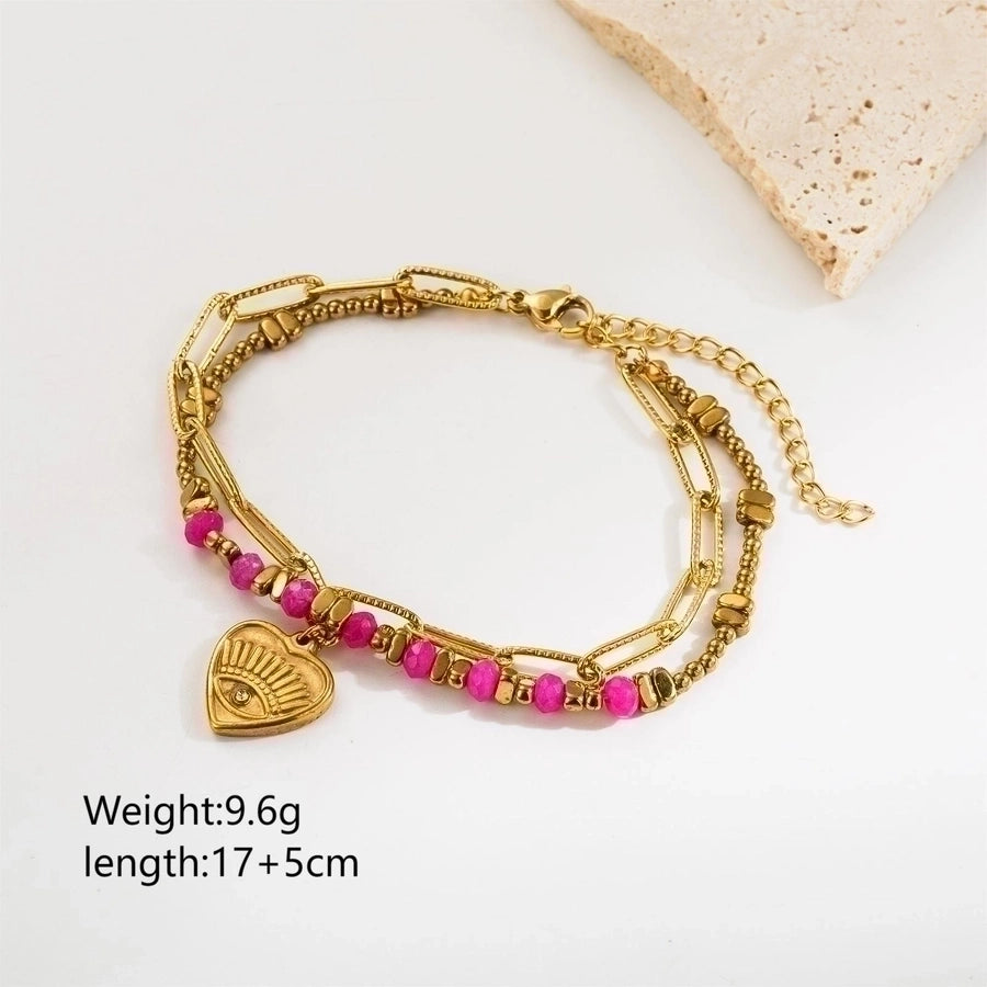 retro vacation heart shape eye stainless steel natural stone beaded plating inlay zircon 18k gold plated bracelets