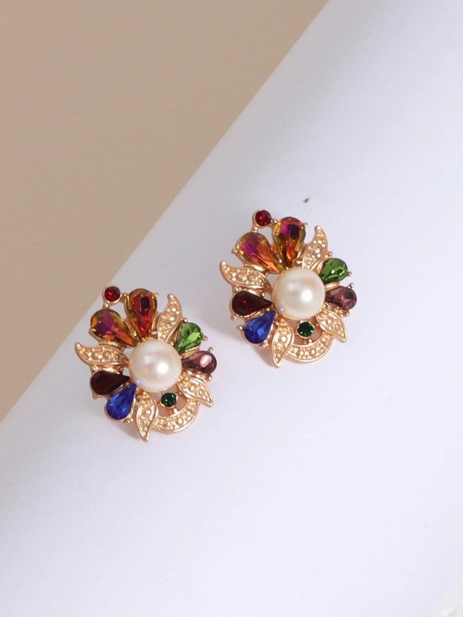 1 pair glam lady shiny flower plating inlay imitation pearl alloy gem rhinestones pearl 18k gold plated ear studs