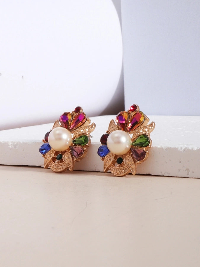 1 pair glam lady shiny flower plating inlay imitation pearl alloy gem rhinestones pearl 18k gold plated ear studs