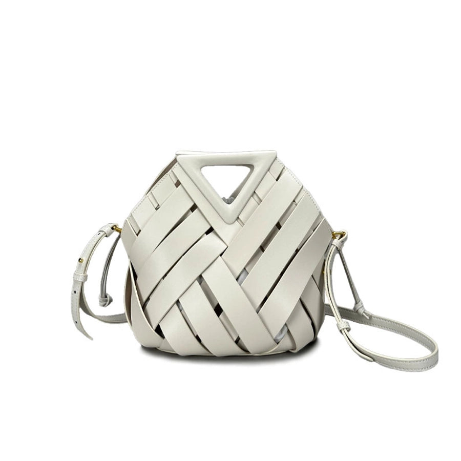 Women's Two-Layer Cowhide Leather Irregular Geometric Elegant Basic Classic Style Bucket Magnetic Buckle Straw Bag