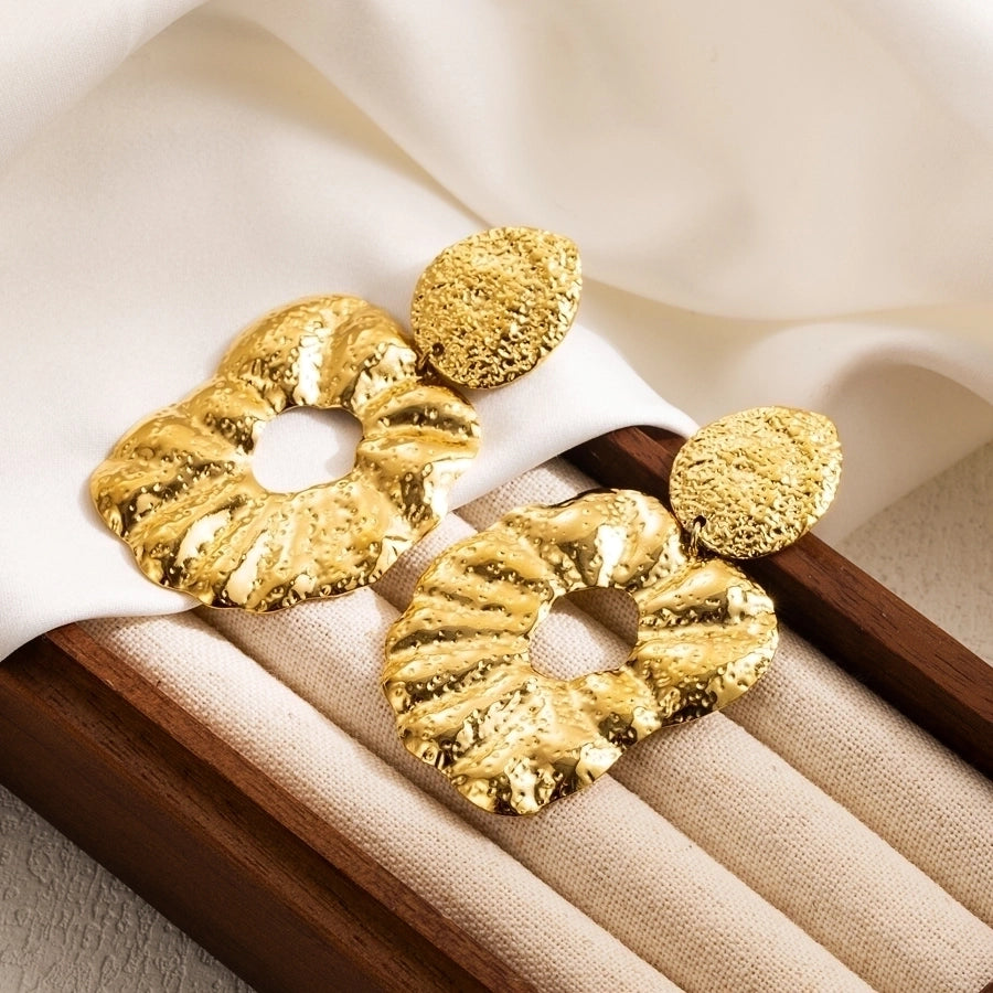 1 Pair Cool Style Round Leaves Flower Pleated 304 Stainless Steel 18K Gold Plated Drop Earrings