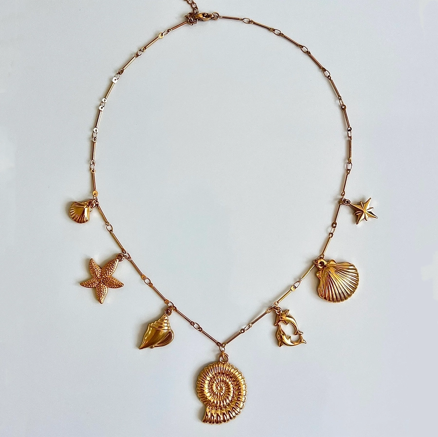 Jewelry Retro Exaggerated Commute Starfish Conch Shell 304 Stainless Steel 18K Gold Plated Pendant Necklace