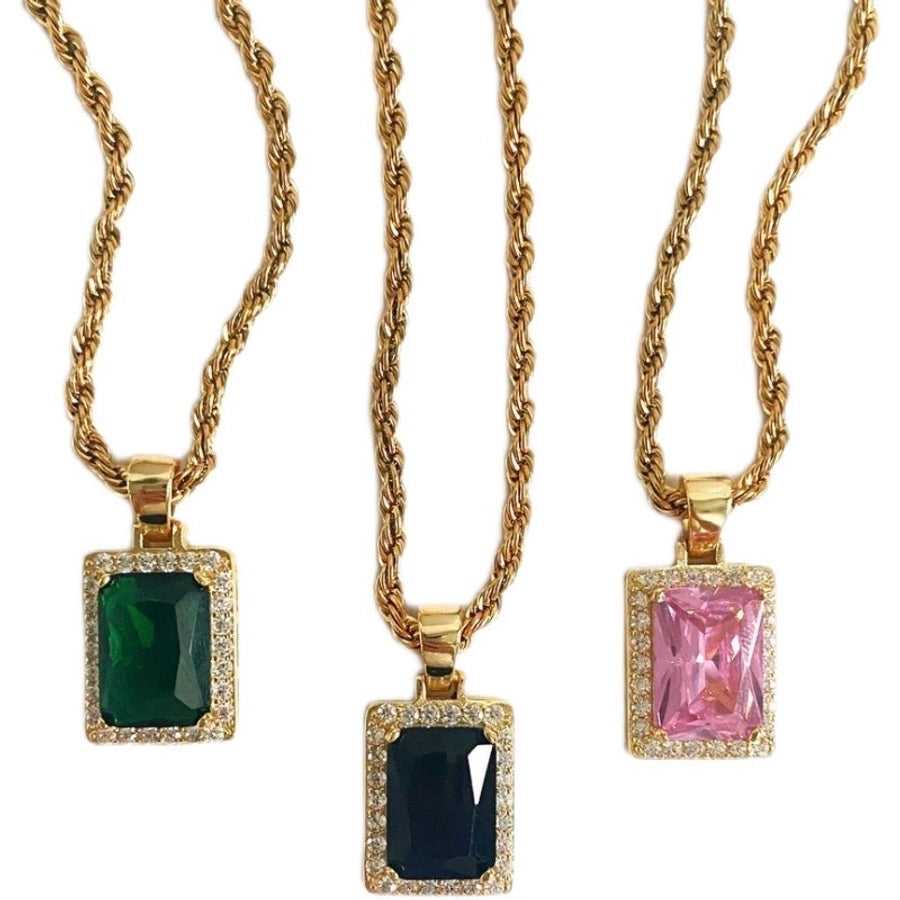 retro square titanium steel inlay zircon pendant necklace