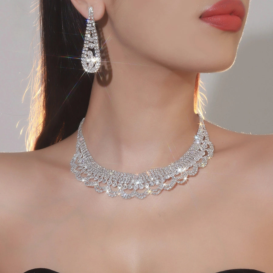 elegant classic style shiny geometric alloy inlay rhinestones women's earrings necklace